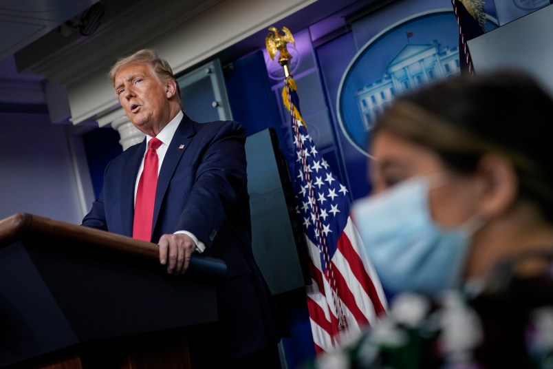 WASHINGTON, DC - SEPTEMBER 10: U.S. President Donald Trump speaks during a news conference at the White House on September 10, 2020 in Washington, DC.  President Trump will hold a campaign rally later this evening in Freeland, Michigan. (Photo by Drew Angerer/Getty Images)