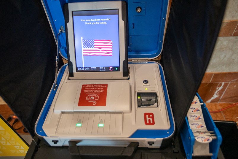 ANAHEIM, CA - SEPTEMBER 16:   A view of “I Voted” stickers and voting machine on display at the "Super Vote Center Site" for walk-in and drive-thru voting starting Oct. 30th at the Honda Center in Anaheim Wednesday, September 16, 2020. The OC Registrar of Voters held a media showcase and announced a new partnership with the Honda Center and the Anaheim Ducks organization to expand access to voting in the upcoming November 3, 2020 Presidential General Election. For the first time in history, Honda Center will serve as a Vote Center, which will provide a full-service voting experience to Orange County voters and opens October 30. (Allen J. Schaben / Los Angeles Times)