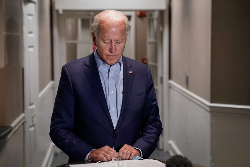 NEW CASTLE, DE - SEPTEMBER 18: Democratic presidential nominee and former Vice President Joe Biden speaks to reporters about the passing of Supreme Court Justice Ruth Bader Ginsburg upon arrival at New Castle County Airport after a trip to Duluth, Minnesota on September 18, 2020 in New Castle, Delaware. (Photo by Drew Angerer/Getty Images)