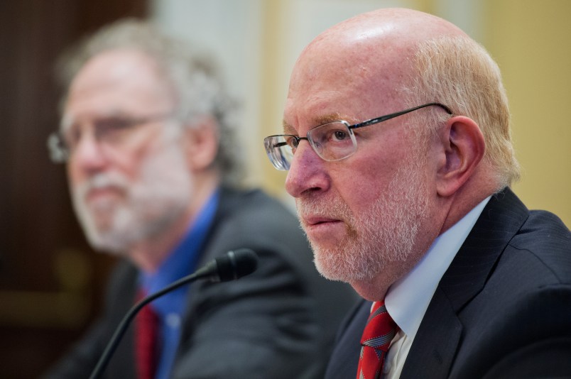 UNITED STATES - FEBRUARY 12: Benjamin Ginsberg, right, and Robert Bauer, co-chairs of The Presidential Commission on Election and Administration, prepare to testify before a Senate Rules and Administration Committee hearing in Russell Building titled "Bipartisan Support for Improving U.S. Elections: An Overview from the Presidential Commission on Election Administration." (Photo By Tom Williams/CQ Roll Call)