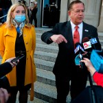 "The government choses to persecute us for doing no more than exercising our right to defend ourselves, our home, our property and our family,” says Mark McCloskey, addressing the press alongside his wife Patricia on Tuesday, Oct. 6, 2020, outside the Carnahan Courthouse. Their hearing scheduled for today was postponed until next week. The McCloskeys were charged in July with brandishing guns at protesters outside their Portland Place mansion in June. Photo by Laurie Skrivan, lskrivan@post-dispatch.com