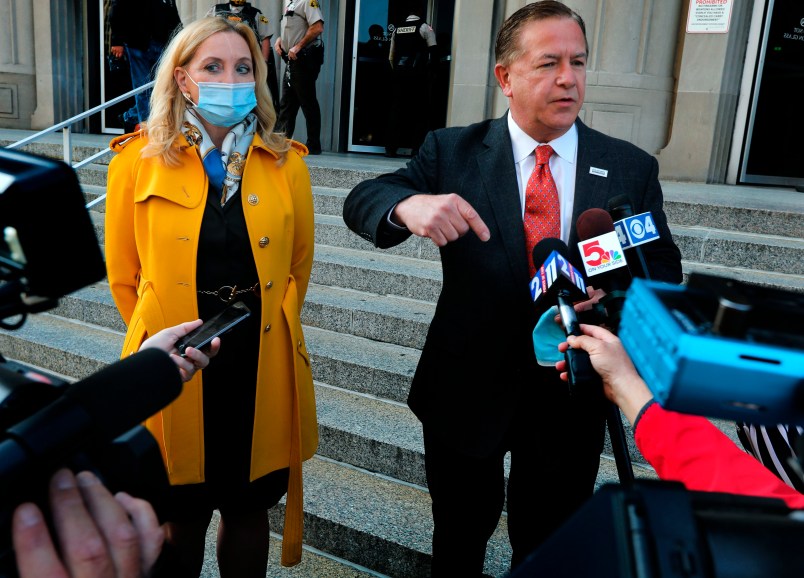 "The government choses to persecute us for doing no more than exercising our right to defend ourselves, our home, our property and our family,” says Mark McCloskey, addressing the press alongside his wife Patricia on Tuesday, Oct. 6, 2020, outside the Carnahan Courthouse. Their hearing scheduled for today was postponed until next week. The McCloskeys were charged in July with brandishing guns at protesters outside their Portland Place mansion in June. Photo by Laurie Skrivan, lskrivan@post-dispatch.com