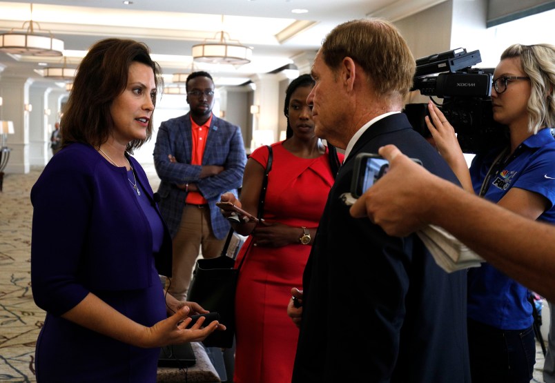 DETROIT, MI - AUGUST 8: Gretchen Whitmer, Michigan democratic gubernatorial nominee, speaks with reporters after a Democrat Unity Rally at the Westin Book Cadillac Hotel August 7th, 2018 in Detroit, Michigan. Whitmer will face off against republican gubernatoral nominee Bill Schuette in November. (Photo by Bill Pugliano/Getty Images)