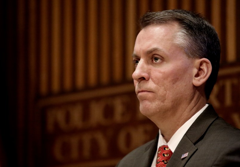 NEW YORK, NY - FEBRUARY 15: NYPD Chief Dermot Shea holds a press conference alongside Manhattan District Attorney Cyrus Vance and NYPD Chief of Detectives Rodney Harrison on February 15, 2020 in New York City. The three announced that Rashaun Weaver, a 14-year-old suspect in the December murder of 18-year-old Tessa Majors, had been arrested and indicted the previous evening. (Photo by Yana Paskova/Getty Images)