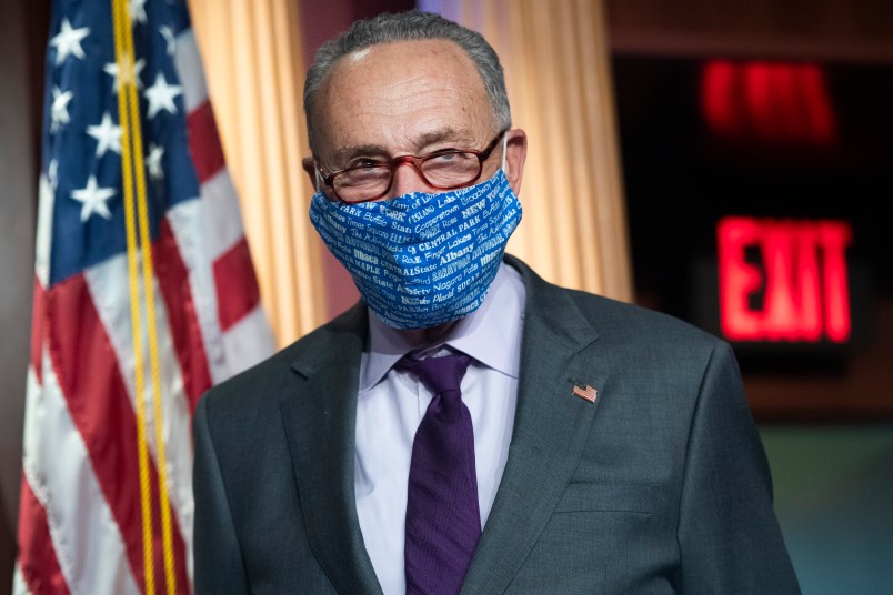 UNITED STATES - SEPTEMBER 30: Senate Minority Leader Charles Schumer, D-N.Y., conducts a news conference with Senate Democrats where they addressed topics including the Supreme Court nominee and health care in the Capitol on Wednesday, September 30, 2020. (Photo By Tom Williams/CQ Roll Call)