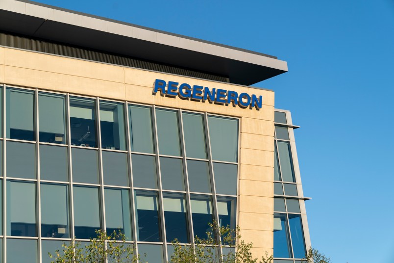 TARRYTOWN, NEW YORK, UNITED STATES - 2020/10/02: View of Corporate and Research and Development Headquarters of Regeneron Pharmaceuticals, Inc. on Old Saw Mill River Road. As President Donald Trump contracted COVID-19 he has been administered a dose of experimental Regeneron treatment, according to a memorandum from the President's physician. According to company press release antibody cocktail REGN-COV2 showing it reduced viral load and the time to alleviate symptoms in non-hospitalized patients with COVID-19. REGN-COV2 is a combination of two monoclonal antibodies (REGN10933 and REGN10987) and was designed specifically to block infectivity of SARS-CoV-2, the virus that causes COVID-19. (Photo by Lev Radin/Pacific Press/LightRocket via Getty Images)