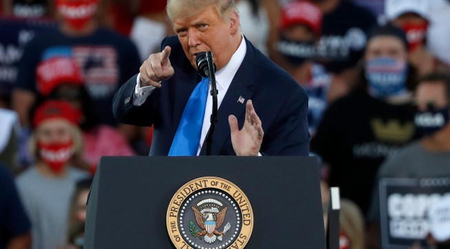 CARSON CITY, NV - OCTOBER 18: President Donald Trump gestures during a campaign rally on October 18, 2020 in Carson City, Nevada. With 16 days to go before the November election, President Trump is back on the campaign trail with multiple daily events as he continues to campaign against Democratic presidential nominee Joe Biden. (Photo by Stephen Lam/Getty Images)