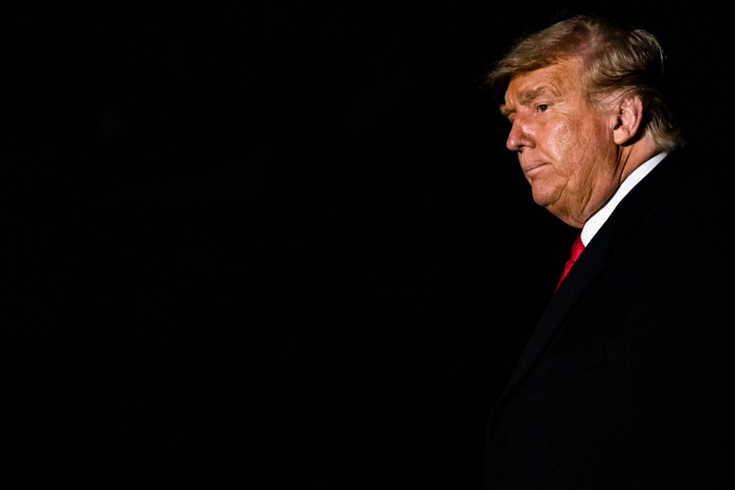 WASHINGTON, DC - OCTOBER 19: US President Donald Trump returns to the White House after multiple campaign stops over the weekend on October 19, 2020 in Washington, DC. With only a couple of weeks left before the 2020 Presidential Election the President is campaigning heavily in key states. (Photo by Samuel Corum/Getty Images)