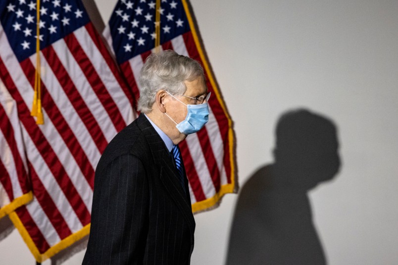 WASHINGTON, DC - OCTOBER 26: Senate Majority Leader Mitch McConnell (R-KY) heads into the Republicans Policy Luncheon on October 26, 2020 in Washington, DC. It is expected that the Senate will vote on the nomination of Judge Amy Coney Barrett to be an Associate Justice of the Supreme Court later in the day. (Photo by Samuel Corum/Getty Images) *** Local Caption *** Mitch McConnell