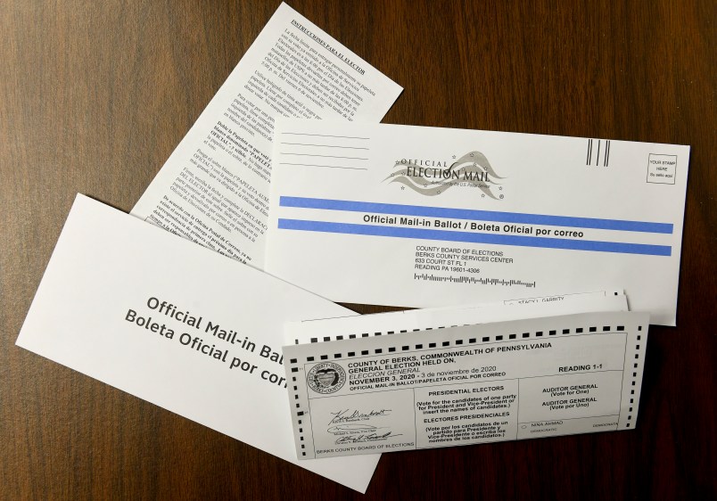 A photo of items that are sent to people who request a mail ballot, ballot, instructions, secrecy envelope, and official mailing envelope. Mail in Ballot materials for the Nov. 3, 2020 election, photographed at the Election Services Office for Berks County Pennsylvania, in Reading, PA Monday morning September 28, 2020.