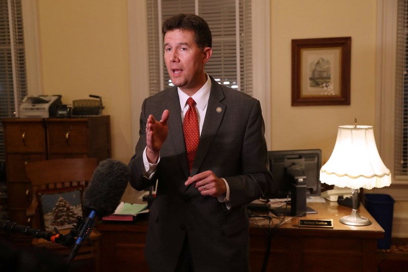 MONTGOMERY, AL - DECEMBER 12:  John  Merrill, Secretary of State of Alabama, speaks to the media in the Capitol building about the possible recount to determine the winner between Republican Senatorial candidate Roy Moore and his Democratic opponent Doug Jones on December 12, 2017 in Montgomery, Alabama. Mr. Moore and Mr. Jone are locked in a race that is too close to call in the special election to replace Attorney General Jeff Sessions in the U.S. Senate.  (Photo by Joe Raedle/Getty Images)