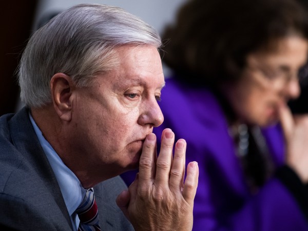 UNITED STATES - OCTOBER 15: Chairman Lindsey Graham, R-S.C., and ranking member Sen. Dianne Feinstein, D-Calif., attend the Senate Judiciary Committee executive business meeting on Supreme Court justice nominee Amy Coney Barrett in Hart Senate Office Building on Thursday, October 15, 2020. (Photo By Tom Williams/CQ Roll Call/POOL)