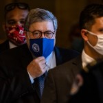 WASHINGTON, DC - NOVEMBER 09: Attorney General Bill Barr leaves the US Capitol after meeting with Senate Majority Leader Mitch McConnell in his office on November 9, 2020 in Washington, DC. (Photo by Samuel Corum/Getty Images) *** Local Caption *** Bill Barr