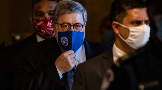 WASHINGTON, DC - NOVEMBER 09: Attorney General Bill Barr leaves the US Capitol after meeting with Senate Majority Leader Mitch McConnell in his office on November 9, 2020 in Washington, DC. (Photo by Samuel Corum/Getty Images) *** Local Caption *** Bill Barr