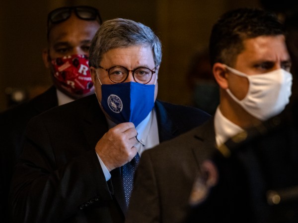 WASHINGTON, DC - NOVEMBER 09: Attorney General Bill Barr leaves the US Capitol after meeting with Senate Majority Leader Mitch McConnell in his office on November 9, 2020 in Washington, DC. (Photo by Samuel Corum/Getty Images) *** Local Caption *** Bill Barr