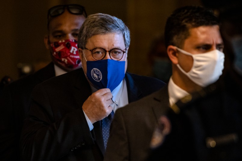 WASHINGTON, DC - NOVEMBER 09: Attorney General Bill Barr leaves the US Capitol after meeting with Senate Majority Leader Mitch McConnell in his office on November 9, 2020 in Washington, DC. (Photo by Samuel Corum/Getty Images) *** Local Caption *** Bill Barr