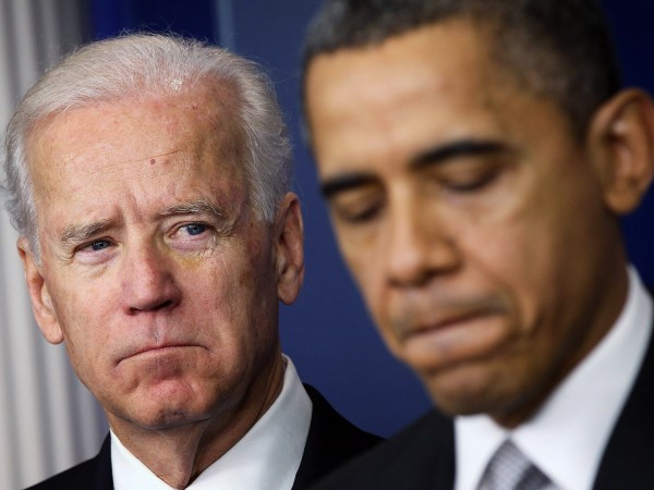 WASHINGTON, DC - DECEMBER 19:  U.S. President Barack Obama (R) speaks as Vice President Joseph Biden (L) listens during an announcement on gun reform in the Brady Press Briefing Room of the White House December 19, 2012 in Washington, DC. President Obama announced that he is making an administration-wide effort to solve gun violence and has tapped Vice President Biden to lead the effort in the wake of the Sandy Hook Elementary School shooting in Newtown, Connecticut.  (Photo by Alex Wong/Getty Images)
