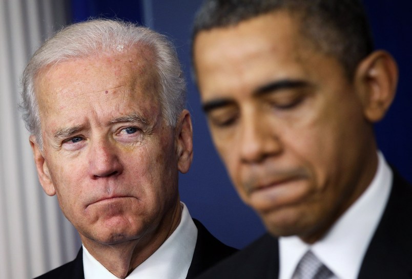 WASHINGTON, DC - DECEMBER 19:  U.S. President Barack Obama (R) speaks as Vice President Joseph Biden (L) listens during an announcement on gun reform in the Brady Press Briefing Room of the White House December 19, 2012 in Washington, DC. President Obama announced that he is making an administration-wide effort to solve gun violence and has tapped Vice President Biden to lead the effort in the wake of the Sandy Hook Elementary School shooting in Newtown, Connecticut.  (Photo by Alex Wong/Getty Images)