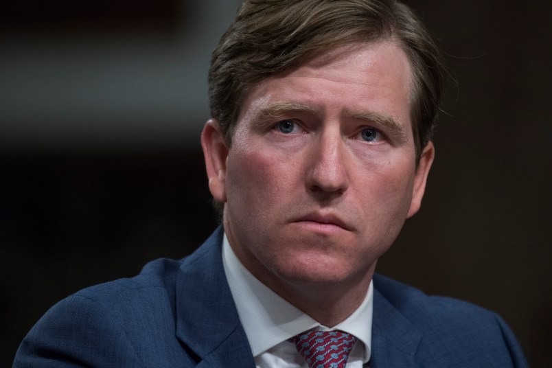 UNITED STATES - OCTOBER 19: Christopher Krebs, acting Homeland Security Undersecretary for the National Protection and Programs Directorate, testifies during a Senate Armed Services Committee hearing in Dirksen Building on cyber-attack defense on October 19, 2017. (Photo By Tom Williams/CQ Roll Call)