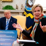 NYTVIRUS - President Donald Trump makes remarks as he meets with Florida Governor Ron DeSantis and Dr. Deborah Birx, White House coronavirus response coordinator, in the Oval Office, Tuesday, April 28, 2020.  ( Photo by Doug Mills/The New York Times)