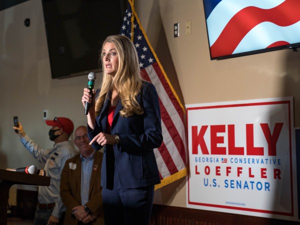 CUMMING, GA - NOVEMBER 13: Republican Senators David Perdue and Kelly Loeffler spoke at a campaign event to supporters on November 13, 2020 in Cumming, Georgia. Both are running for reelection. (Photo by Megan Varner/Getty Images)