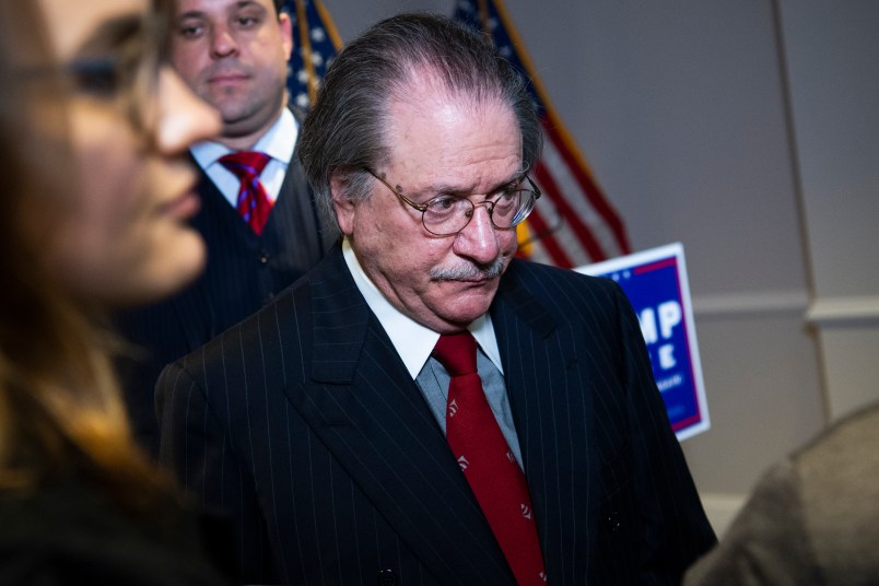 UNITED STATES - NOVEMBER 19: Joseph diGenova, attorney for President Donald Trump, concludes a news conference at the Republican National Committee on lawsuits regarding the outcome of the 2020 presidential election on Thursday, November 19, 2020. Trump attorneys Rudolph Giuliani, Sydney Powell, and Jenna Ellis, also attended. (Photo By Tom Williams/CQ Roll Call)