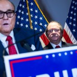 UNITED STATES - NOVEMBER 19: Rudolph Giuliani, left, and Joseph diGenova, center, attorneys for President Donald Trump, conduct a news conference at the Republican National Committee on lawsuits regarding the outcome of the 2020 presidential election on Thursday, November 19, 2020. (Photo By Tom Williams/CQ Roll Call)