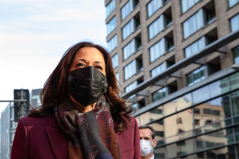 WASHINGTON, DC - DECEMBER 23: Vice President-elect Kamala Harris speaks to the media after dropping off toys at Washington DC Fire Station 1 on December 23, 2020 in the West End neighborhood of Washington, D.C. Vice President-Elect Harris, Mr. Emhoff, and their staff purchased 46 gifts for local children and their families from Sullivan’s Toys & Art Supplies, family-owned and operated since 1954 making it D.C.’s oldest toy shop still in operation. (Photo by Cheriss May/Getty Images)