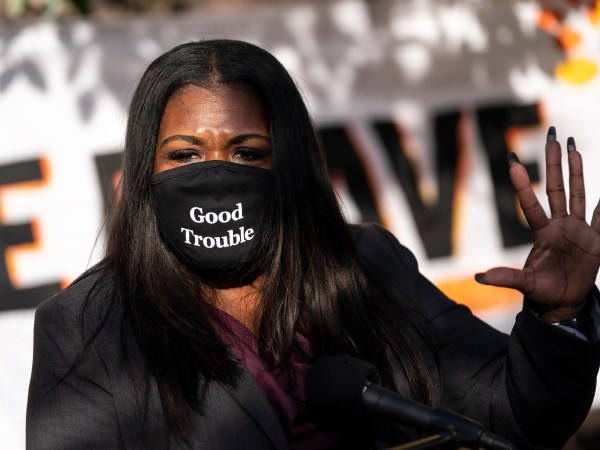 WASHINGTON, DC - NOVEMBER 19: Congresswoman-elect Rep. Cori Bush (D-MO) speaks outside of the Democratic National Committee headquarters on November 19, 2020 in Washington, DC. Bush, Alexandria Ocasio-Cortez and others called on the incoming Joe Biden administration to take bold action on issues of climate change and economic inequalities. (Photo by Drew Angerer/Getty Images)