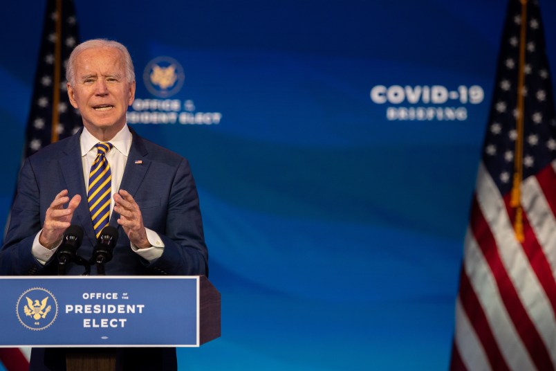 WILMINGTON, DE - DECEMBER 29:  President-elect Joe Biden delivers remarks on the ongoing coronavirus (COVID-19) pandemic at the Queen Theater on December 29, 2020 in Wilmington, Delaware. Biden will be inaugurated as the 46th president in a scaled-down ceremony due to the pandemic in Washington D.C. on January 20, 2021.  (Photo by Mark Makela/Getty Images)(Photo by Mark Makela/Getty Images)