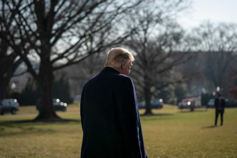 WASHINGTON, DC - JANUARY 12: U.S. President Donald Trump walks to Marine One on the South Lawn of the White House on January 12, 2021 in Washington, DC. Following last week's deadly pro-Trump riot on Capitol Hill, President Trump is making his first public appearance on Tuesday as he makes a trip to the border town of Alamo, Texas to view the partial construction of a wall along the U.S.-Mexico border. (Photo by Drew Angerer/Getty Images)