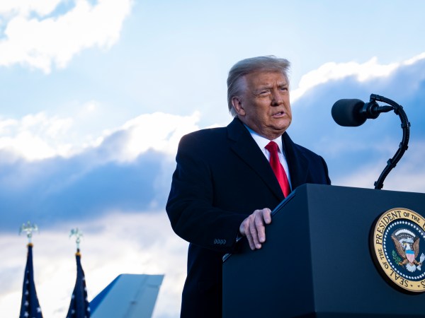 President Donald Trump speaks to supporters at Joint Base Andrews before boarding Air Force One for his last time as President on January 20, 2021. Trump is traveling to his Mar-a-Lago Club in Palm Beach, Fla. (photo by Pete Marovich for The New York Times)NYTINAUG