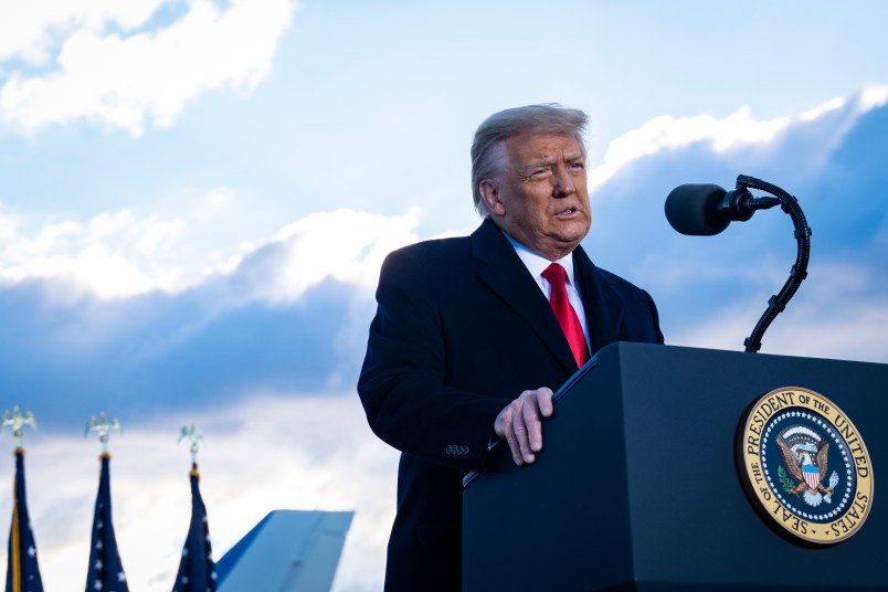 President Donald Trump speaks to supporters at Joint Base Andrews before boarding Air Force One for his last time as President on January 20, 2021. Trump is traveling to his Mar-a-Lago Club in Palm Beach, Fla. (photo by Pete Marovich for The New York Times)NYTINAUG