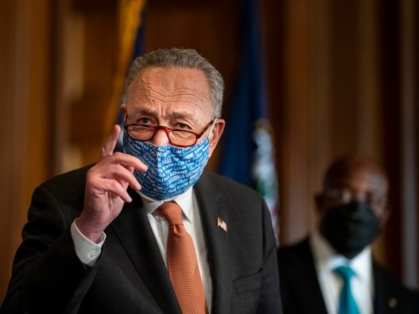 WASHINGTON, DC - JANUARY 21, 2021: Senate Majority Leader Chuck Schumer (D-NY) leads a press conference to introduce new Senators like Senator Raphael Warnock (D-GA), and Jon Ossoff (D-GA) on Capitol Hill in Washington, DC Thursday January 21, 2021. (Photo by Melina Mara/The Washington Post)