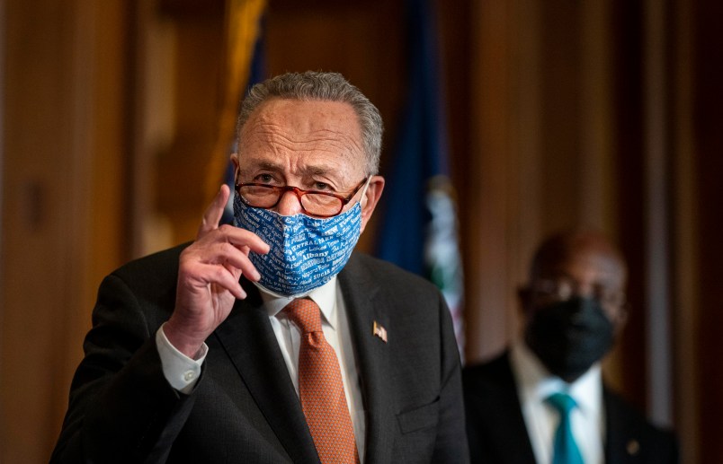 WASHINGTON, DC - JANUARY 21, 2021: Senate Majority Leader Chuck Schumer (D-NY) leads a press conference to introduce new Senators like Senator Raphael Warnock (D-GA), and Jon Ossoff (D-GA) on Capitol Hill in Washington, DC Thursday January 21, 2021. (Photo by Melina Mara/The Washington Post)