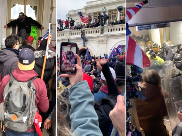 Screenshots from videos posted to Parler showing the unfolding events at the U.S. Capitol on Jan. 6. (ProPublica)