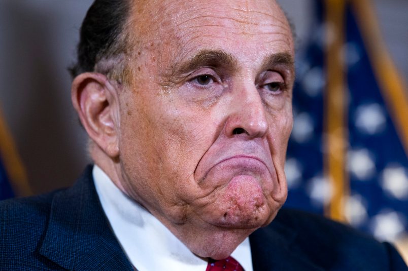 UNITED STATES - NOVEMBER 19 (FILE): Rudolph Giuliani, attorney for President Donald Trump, conducts a news conference at the Republican National Committee on lawsuits regarding the outcome of the 2020 presidential election on Thursday, November 19, 2020. (Photo By Tom Williams/CQ Roll Call)