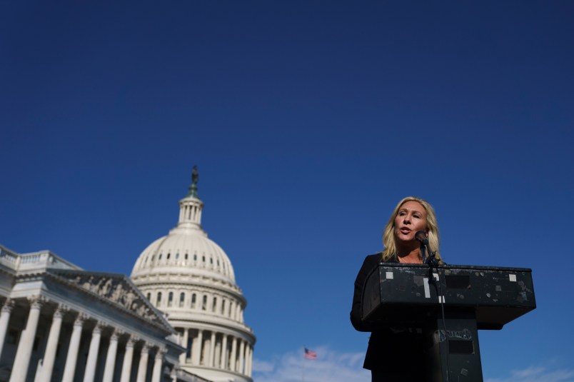 WASHINGTON, DC - FEBRUARY 5: Rep. Marjorie Taylor Greene (R-GA) speaks during a press conference outside the U.S. Capitol on February 5, 2021 in Washington, DC. The House voted 230 to 199 on Friday evening to remove Rep. Marjorie Taylor Greene (R-GA) from committee assignments over her remarks about QAnon and other conspiracy theories. (Photo by Drew Angerer/Getty Images)