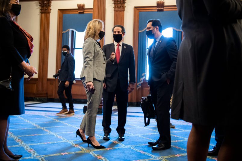 UNITED STATES - FEBRUARY 9: Lead impeachment manager Rep. Jamie Raskin, D-Md., center, talks with managers Reps. Joaquin Castro, D-Texas, and Madeleine Dean, D-Pa., before the start of the second impeachment trial of former President Donald Trump in the Capitol on Tuesday, February 9, 2021. (Photo By Tom Williams/CQ Roll Call)