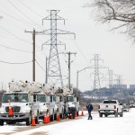 FORT WORTH, TX - FEBRUARY 16: Pike Electric service trucks line up after a snow storm on February 16, 2021 in Fort Worth, Texas. Winter storm Uri has brought historic cold weather to Texas and storms have swept across 26 states with a mix of freezing temperatures and precipitation. (Photo by Ron Jenkins/Getty Images)