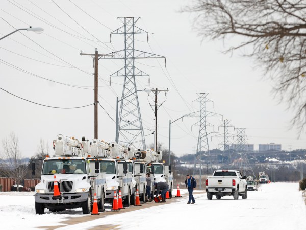 FORT WORTH, TX - FEBRUARY 16: Pike Electric service trucks line up after a snow storm on February 16, 2021 in Fort Worth, Texas. Winter storm Uri has brought historic cold weather to Texas and storms have swept across 26 states with a mix of freezing temperatures and precipitation. (Photo by Ron Jenkins/Getty Images)