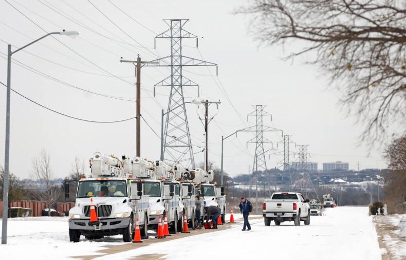 FORT WORTH, TX - FEBRUARY 16: Pike Electric service trucks line up after a snow storm on February 16, 2021 in Fort Worth, Texas. Winter storm Uri has brought historic cold weather to Texas and storms have swept across 26 states with a mix of freezing temperatures and precipitation. (Photo by Ron Jenkins/Getty Images)