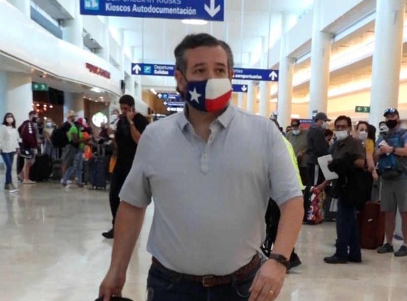 CANCUN, QUINTANA ROO  - FEBRUARY 18: Ted Cruz checks in for a flight at Cancun International Airport after a backlash over his Mexican family vacation as his home state of Texas endured a Winter storm. The Republican politician came under fire after jetting to the warm holiday destination as hundreds of thousands of people in the lone star state suffered a loss of power. Reports stated that Cruz was due to catch a flight back to Houston, Texas on February 18, 2021 in Cancun, Quintana Roo. (Photo by MEGA/GC Images)