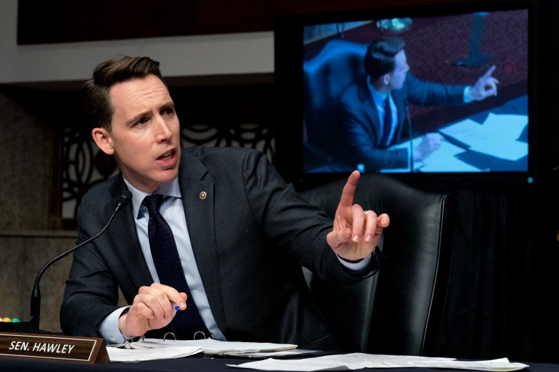 Sen. Josh Hawley, R-Mo., speaks at a Senate Homeland Security and Governmental Affairs & Senate Rules and Administration joint hearing on Capitol Hill, Washington, Tuesday, Feb. 23, 2021, to examine the January 6th attack on the Capitol. (AP Photo/Andrew Harnik, Pool)