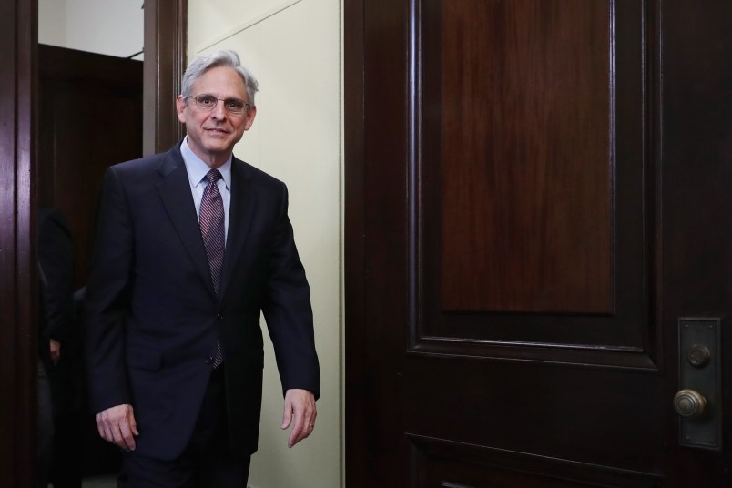 Supreme Court nominee Merrick Garland meets with Sen. Tim Kaine (D-VA) in his office in the Russell Senate Office Building on Capitol Hill April 21, 2016 in Washington, DC. President Barack Obama nominated Garland to replace Associate Justice Antonin Scalia who passed away earlier this year.