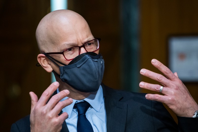 UNITED STATES - MARCH 04: Colin H. Kahl, nominee for Defense undersecretary for policy, is seen before his Senate Armed Services Committee confirmation hearing in Dirksen Building on Thursday, March 4, 2021. (Photo By Tom Williams/CQ Roll Call)