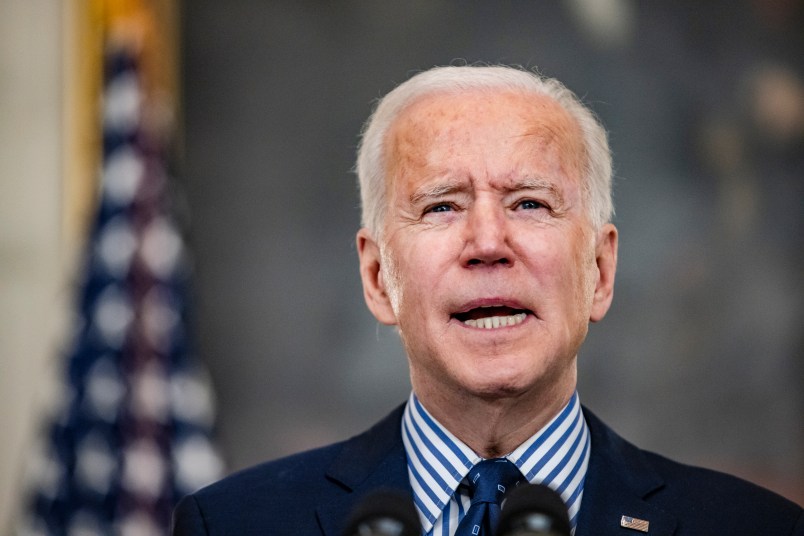 WASHINGTON, DC - MARCH 06: President Joe Biden speaks from the State Dining Room following the passage of the American Rescue Plan in the U.S. Senate at the White House on March 6, 2021 in Washington, DC. (Photo by Samuel Corum/Getty Images) *** Local Caption *** Joe Biden