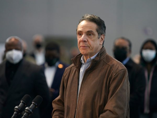 New York Gov. Andrew Cuomo speaks at a vaccination site on Monday, March 8, 2021, in New York. (AP Photo/Seth Wenig, Pool)