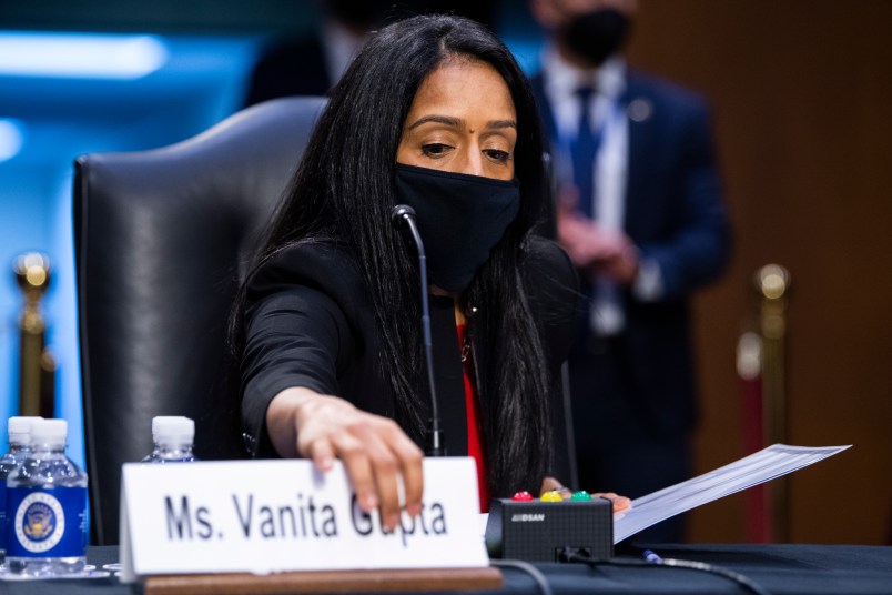 UNITED STATES - MARCH 09: Vanita Gupta, nominee for associate attorney general, arrives for her Senate Judiciary Committee confirmation hearing in Hart Building on Tuesday, March 9, 2021. Lisa Monaco, nominee for deputy attorney general, also testified. (Photo By Tom Williams/CQ Roll Call)