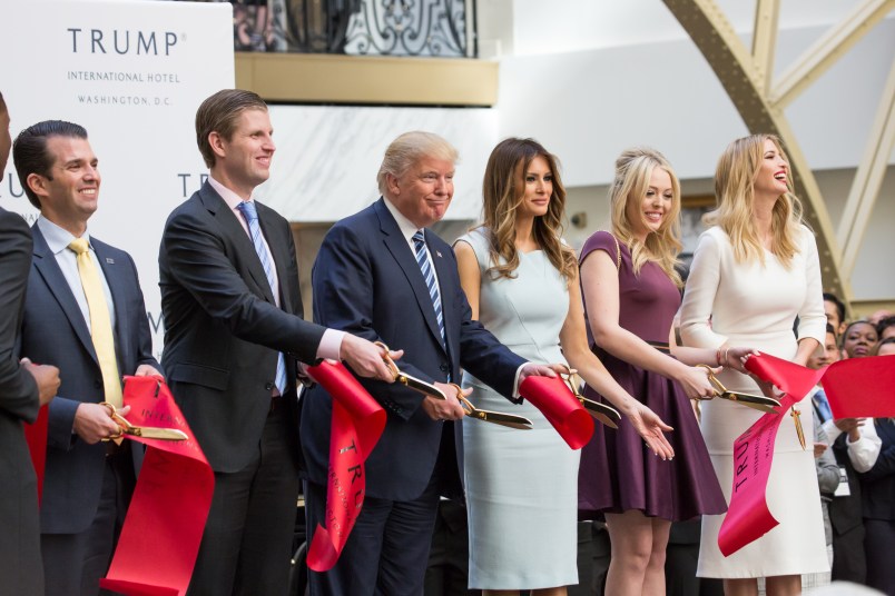 In the grand lobby of Trump international Hotel, (l-r), Donald Trump Jr.,  Eric Trump, U.S. Presidential candidate Donald J. Trump, Melania Trump, Tiffany Trump, and Ivanka Trump, cut the ribbon for their latest property, Trump International Hotel - Old Post Office, in Washington, DC on October 26, 2016. (Photo by Cheriss May/NurPhoto)